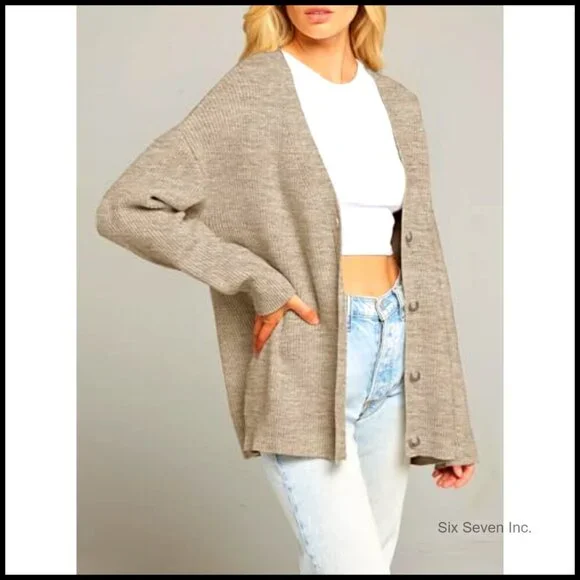 Oversized V Neck Cardigan Open Front Loose Knit Soft Cozy Fall Sweater - Picture 2 of 7